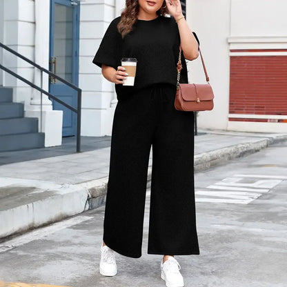 Women's Plus Size Short Sleeve Top & High Waist Wide Leg Pants 2-Piece Lounge Set