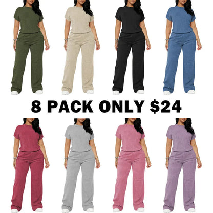 Women's Solid Shortsleeve Crewneck Ribbed Top & Wide Leg Pants
