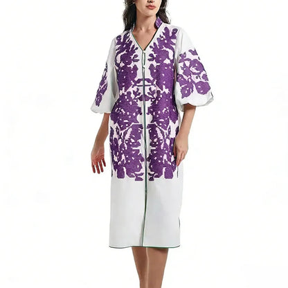 Women Casual V-Neck Mid Dress Floral Embroidery 3/4 Sleeves