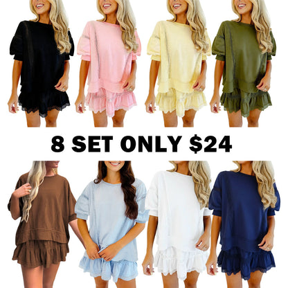 Women's 2 Piece Cotton Lace Trim Outfit Set