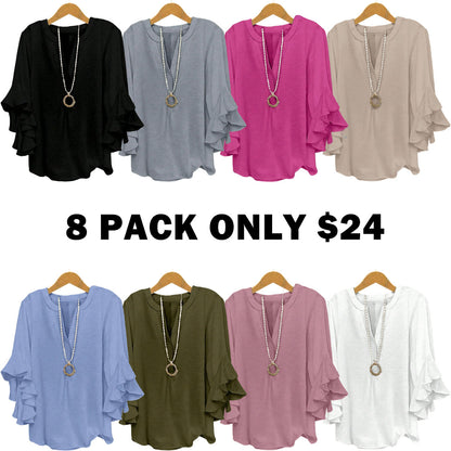 Plus Size Women's Ruffle Sleeve Notched-Neck Fitted Blouse