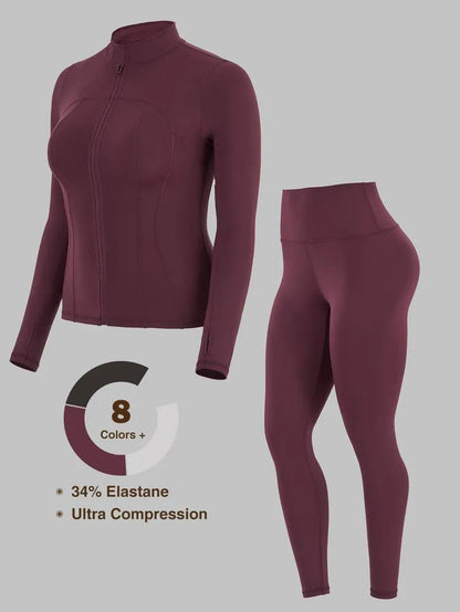 Solid Zip Up Jacket & High Waist Leggings Tracksuit Set