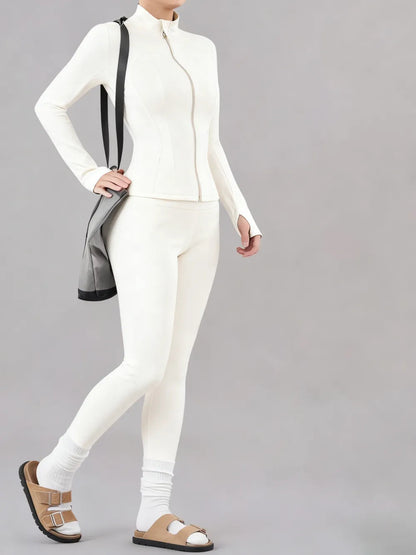 Solid Zip Up Jacket & High Waist Leggings Tracksuit Set