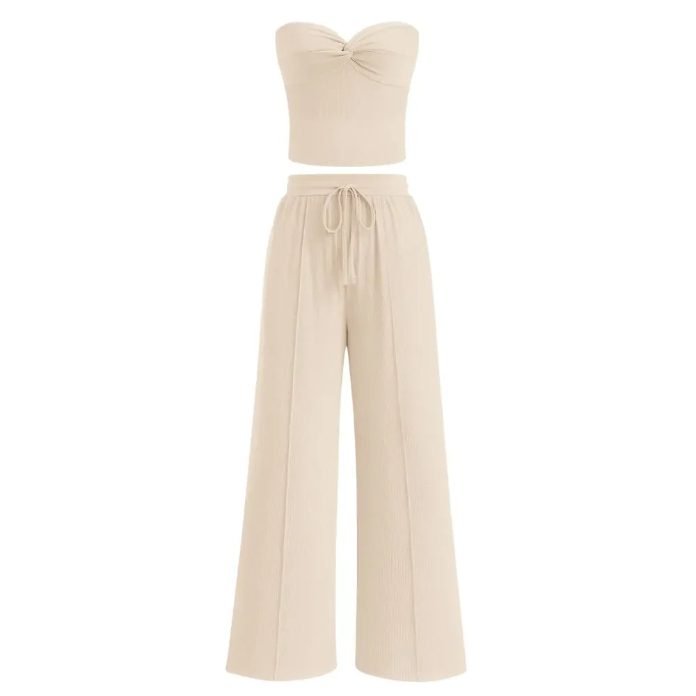 Women Summer Ribbed Strapless Twist Knot Tube Top Pants Set