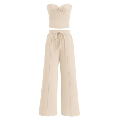Women Summer Ribbed Strapless Twist Knot Tube Top Pants Set