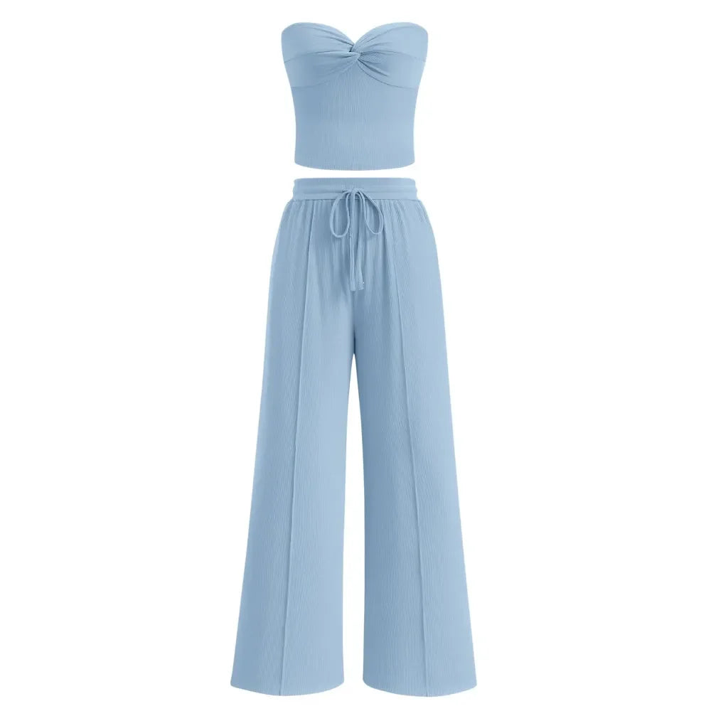 Women Summer Ribbed Strapless Twist Knot Tube Top Pants Set