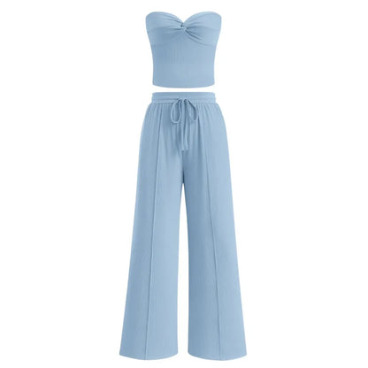 Women Summer Ribbed Strapless Twist Knot Tube Top Pants Set