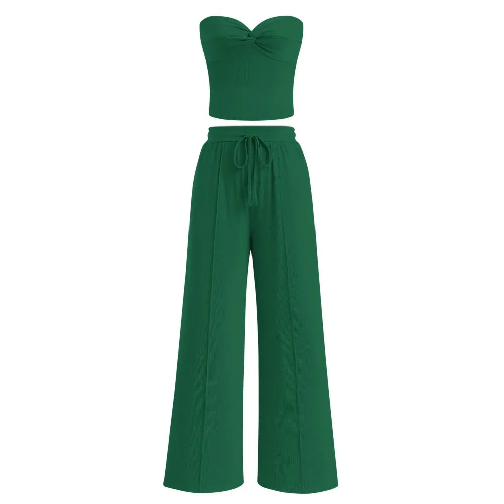 Women Summer Ribbed Strapless Twist Knot Tube Top Pants Set