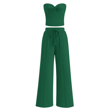 Women Summer Ribbed Strapless Twist Knot Tube Top Pants Set