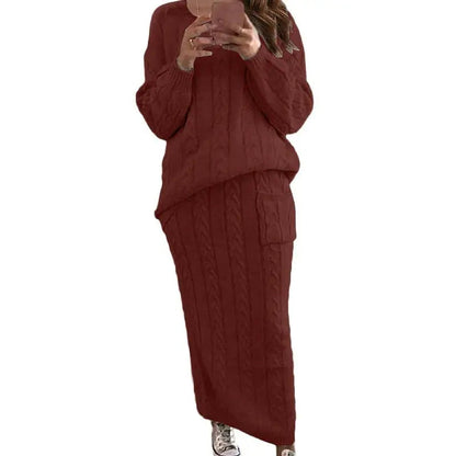 Women's Winter Chunky Cable Knit Long Skirt 2 Piece Sweater Sets