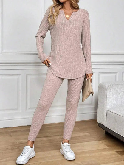 2pcs/Set Women's Plush Rib-Knit Leggings Suit