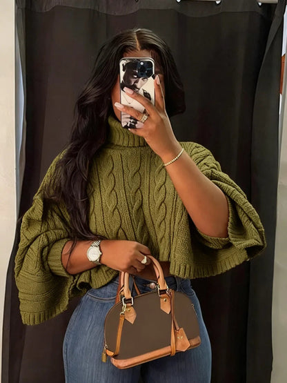 Women's Textured Split Sleeve Turtle Neck Cropped Sweater