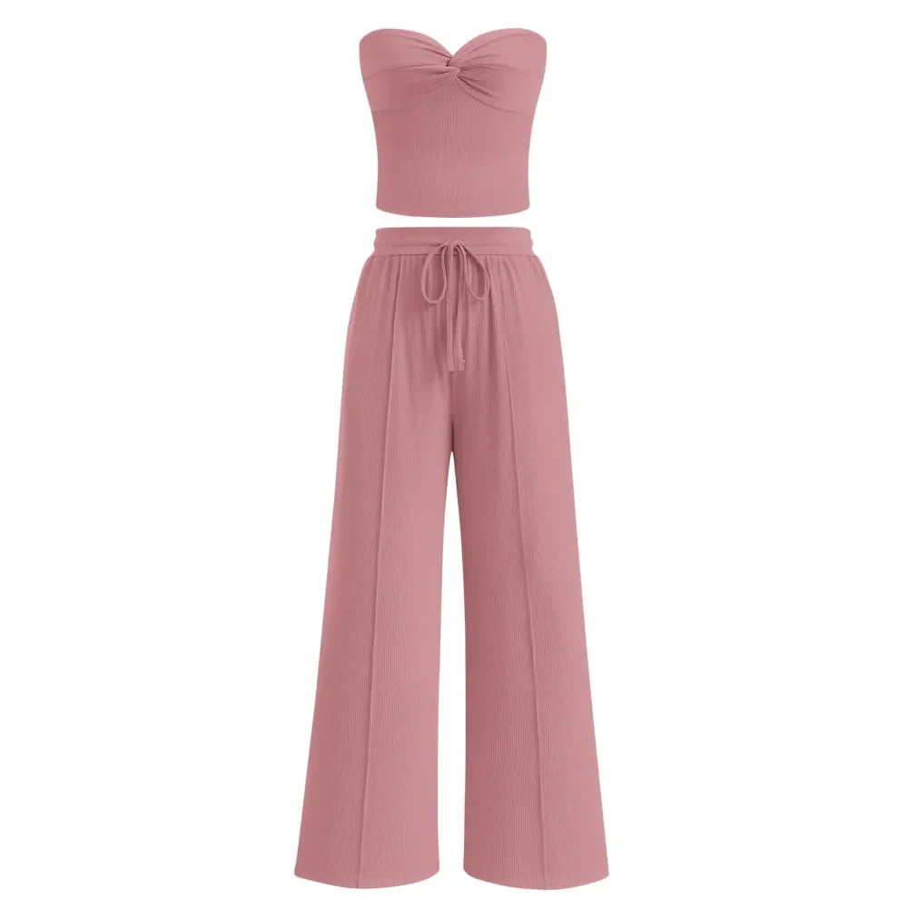 Women Summer Ribbed Strapless Twist Knot Tube Top Pants Set