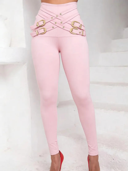 Women's Criss Cross Metal Buckle Decor High Waist Rise Leggings