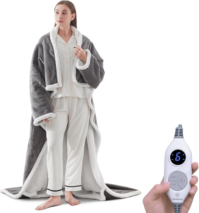 🔥 BESTSELLER | 4PCS $23.99 | 🔥Wearable Heated Blanket with Foot Pocket Sherpa🔥Overheat Protection & Auto Shut-Off