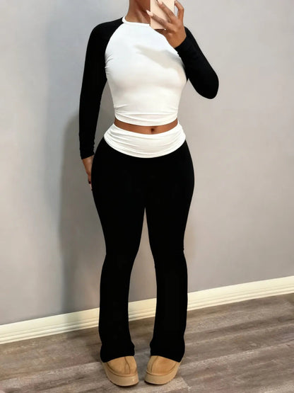 Round Neck Long Sleeve Color Block T-Shirt with Ruffled Flare Pants Set