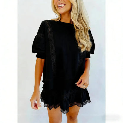 Women's 2 Piece Cotton Lace Trim Outfit Set