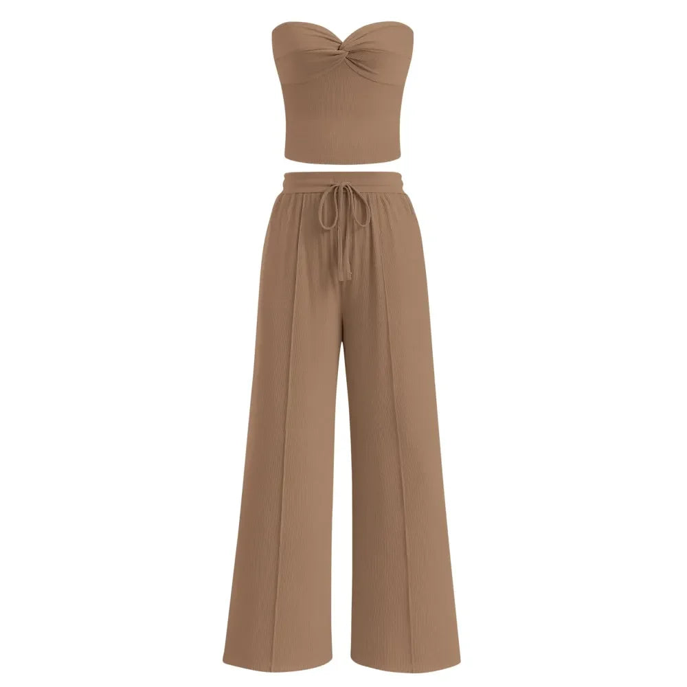 Women Summer Ribbed Strapless Twist Knot Tube Top Pants Set