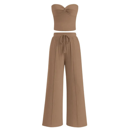 Women Summer Ribbed Strapless Twist Knot Tube Top Pants Set