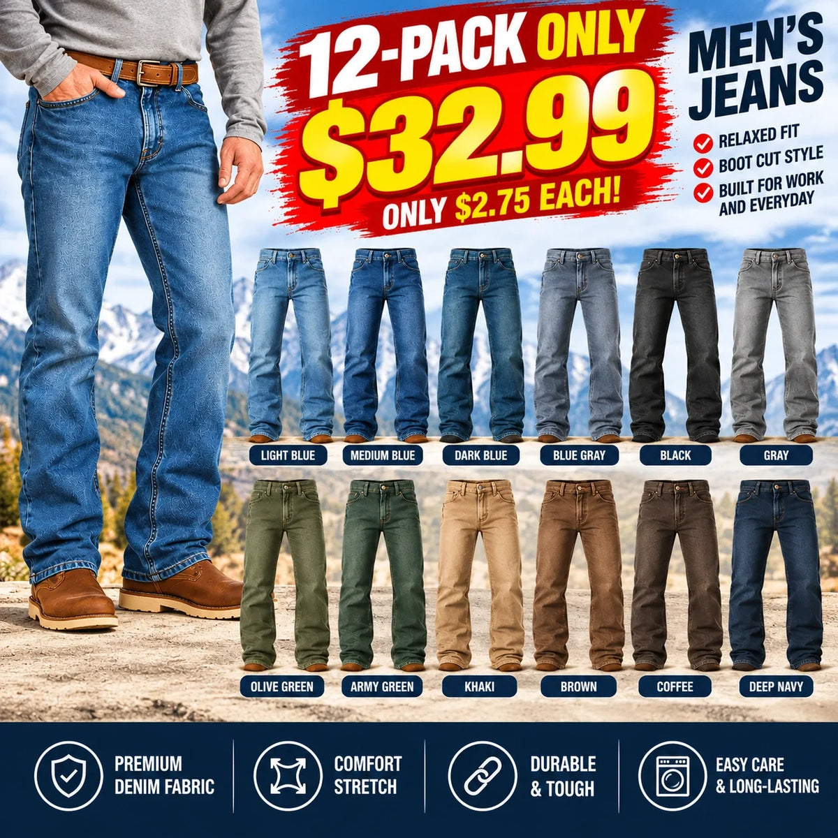 🔥 BESTSELLER | 4PCS $19.99 | Men's Relaxed Stretch Boot Cut Jeans