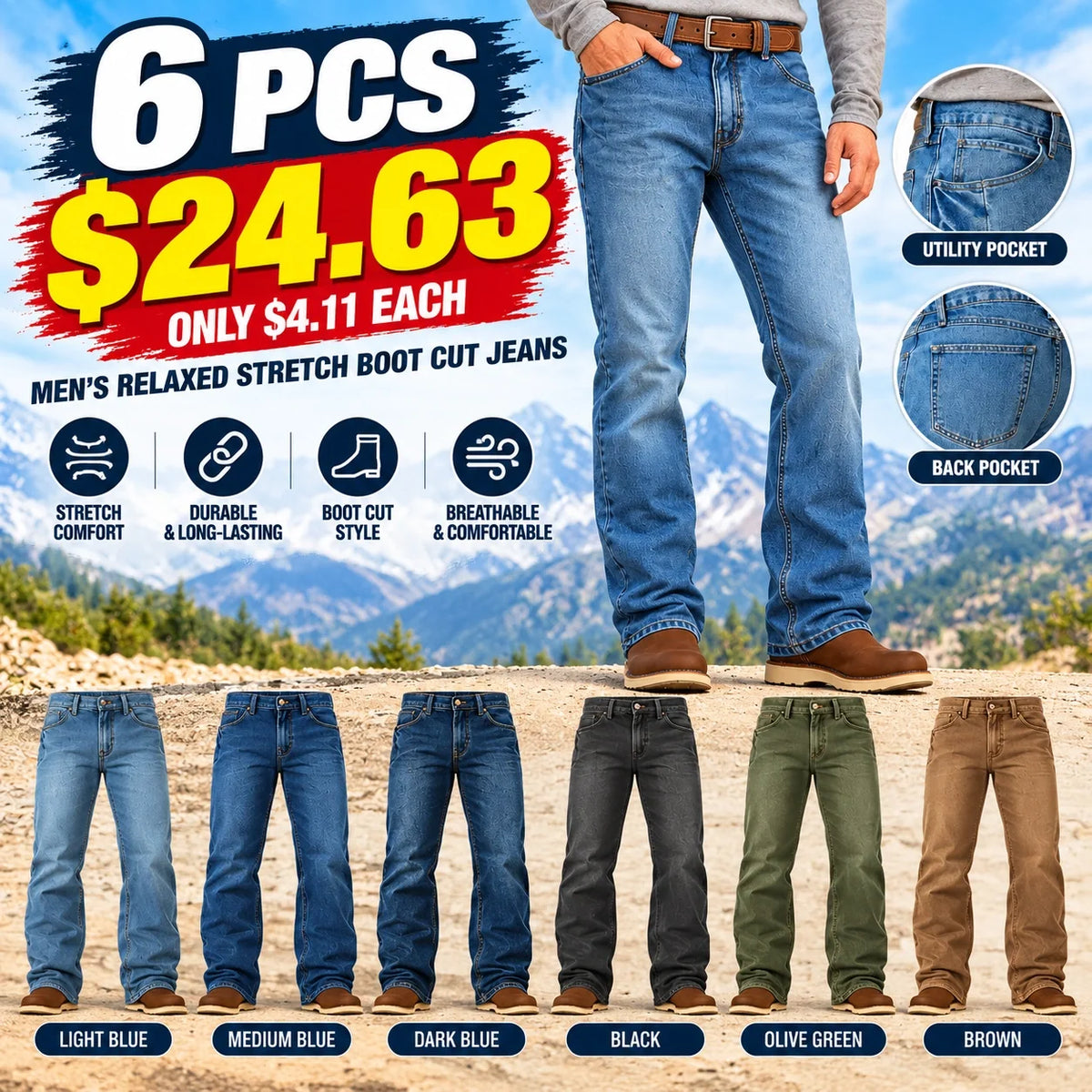 🔥 BESTSELLER | 4PCS $19.99 | Men's Relaxed Stretch Boot Cut Jeans