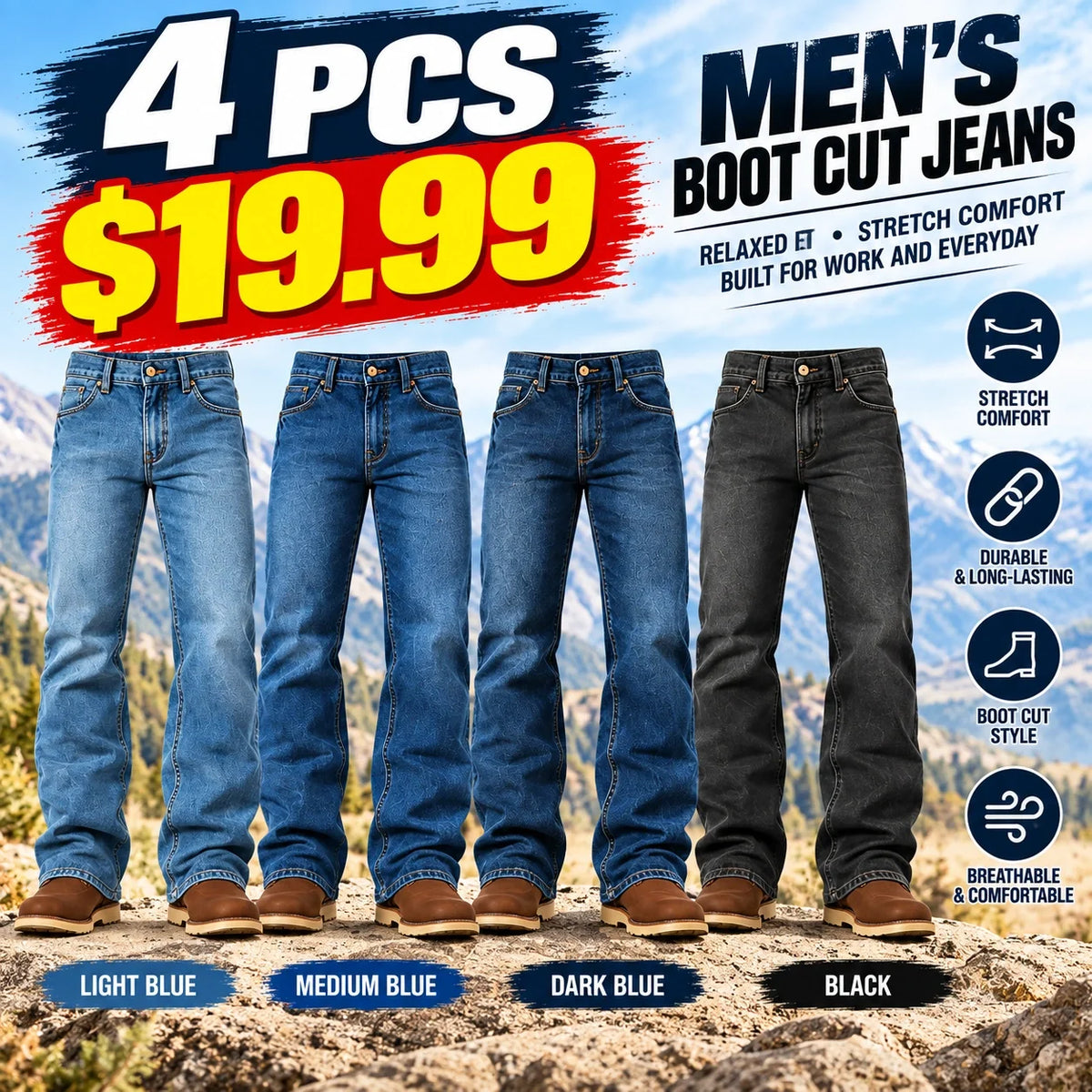 🔥 BESTSELLER | 4PCS $19.99 | Men's Relaxed Stretch Boot Cut Jeans