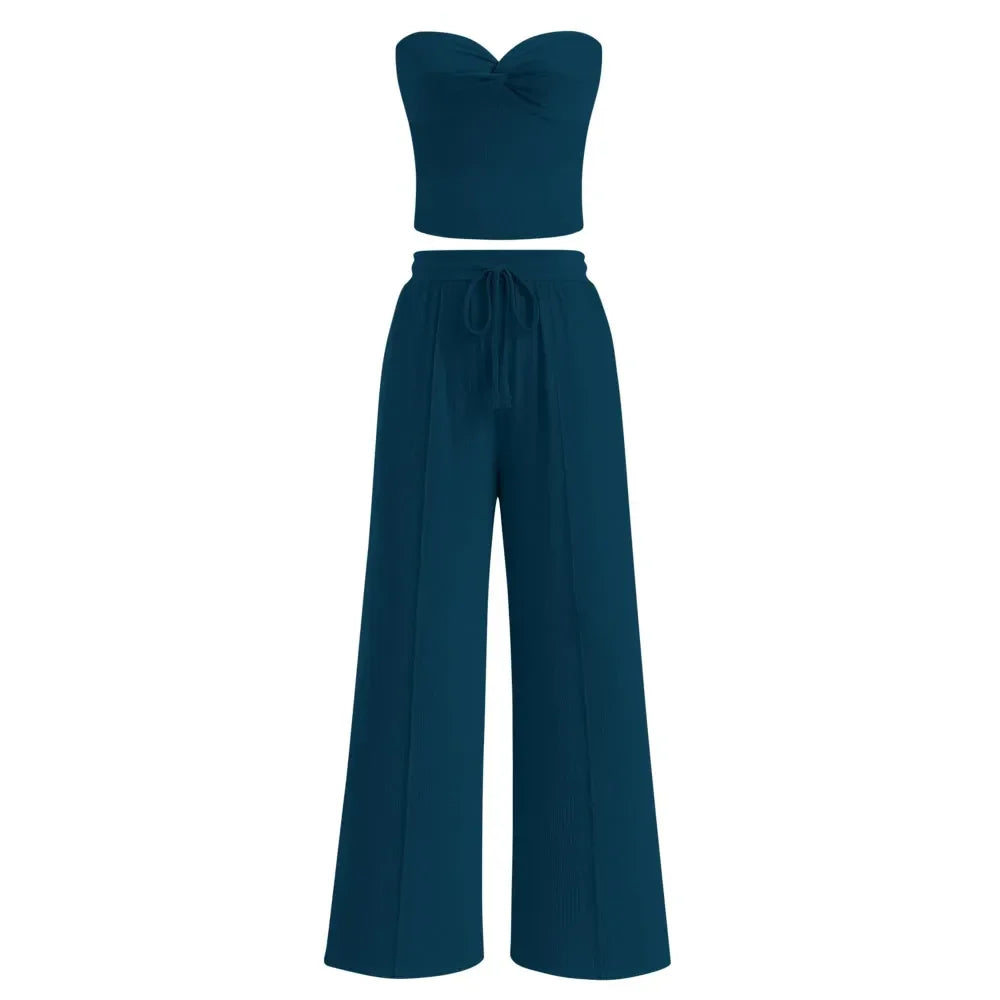 Women Summer Ribbed Strapless Twist Knot Tube Top Pants Set