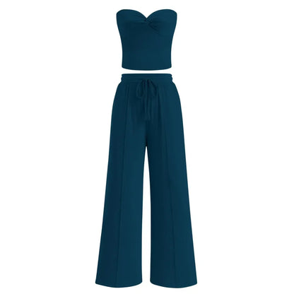 Women Summer Ribbed Strapless Twist Knot Tube Top Pants Set