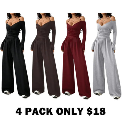 Women's Solid Color Off-Shoulder Ruched Wide Leg Casual Jumpsuit