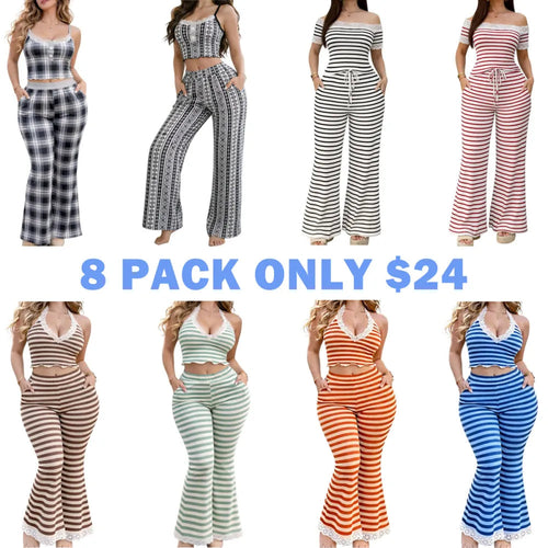 2pcs Women's Off Shoulder Top & Pants Striped Set