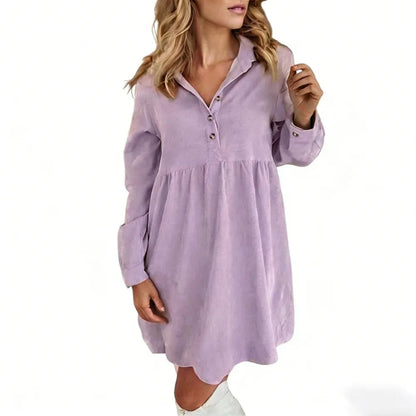 Women's Corduroy Half Button Collared Mini Dress with Pocket
