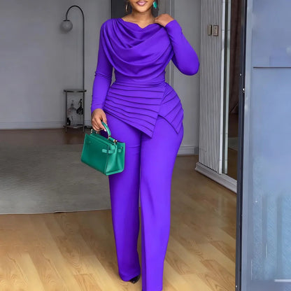 Cowl Neck Asymmetrical Patchwork Ruched Jumpsuit
