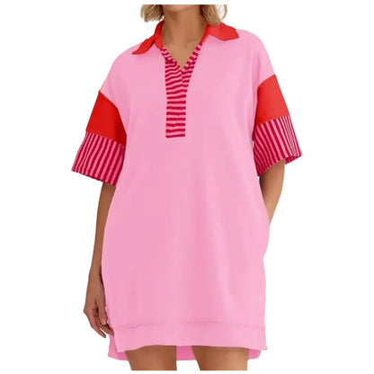 V Neck Summer Color Block Short Sleeve Mini Dress