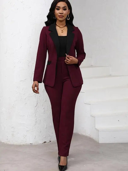 Women's Colorblock Blazer & Straight Leg Pants Set Suits