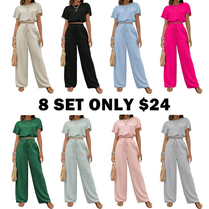 Women's Solid Color Fitted Top & Wide Leg Pants Two-piece Set