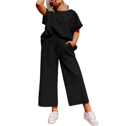 Women's Plus Size Short Sleeve Top & High Waist Wide Leg Pants 2-Piece Lounge Set