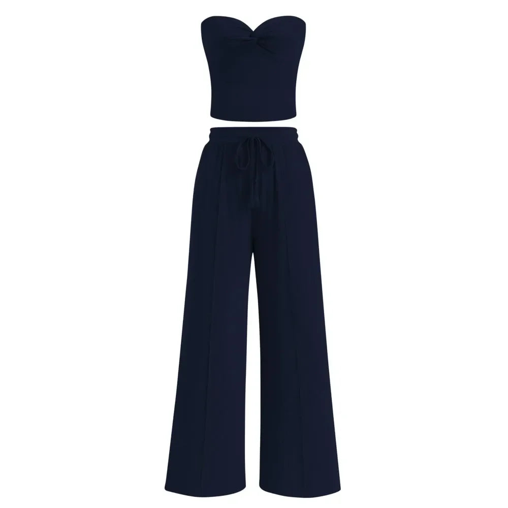 Women Summer Ribbed Strapless Twist Knot Tube Top Pants Set