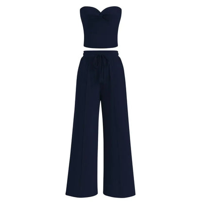 Women Summer Ribbed Strapless Twist Knot Tube Top Pants Set