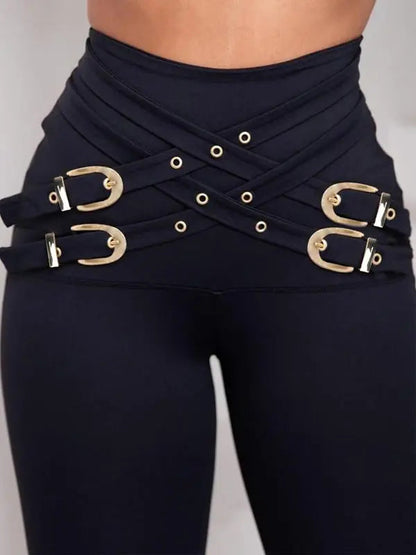 Women's Criss Cross Metal Buckle Decor High Waist Rise Leggings