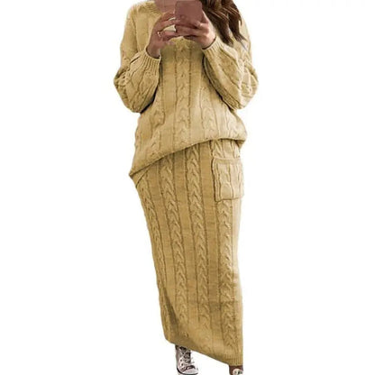Women's Winter Chunky Cable Knit Long Skirt 2 Piece Sweater Sets