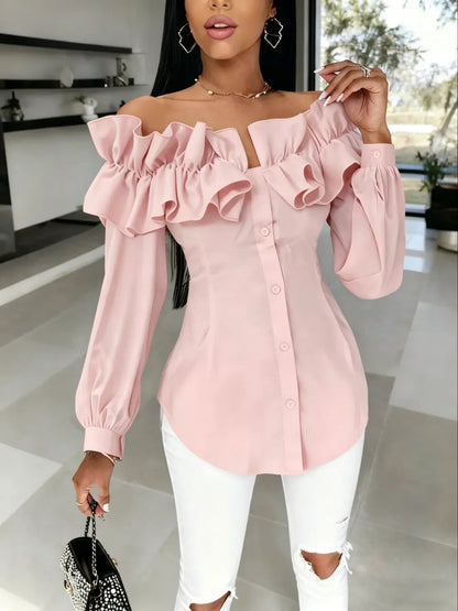 Women's Long Sleeve One Shoulder Ruffle Slim Fit Shirt Blouse